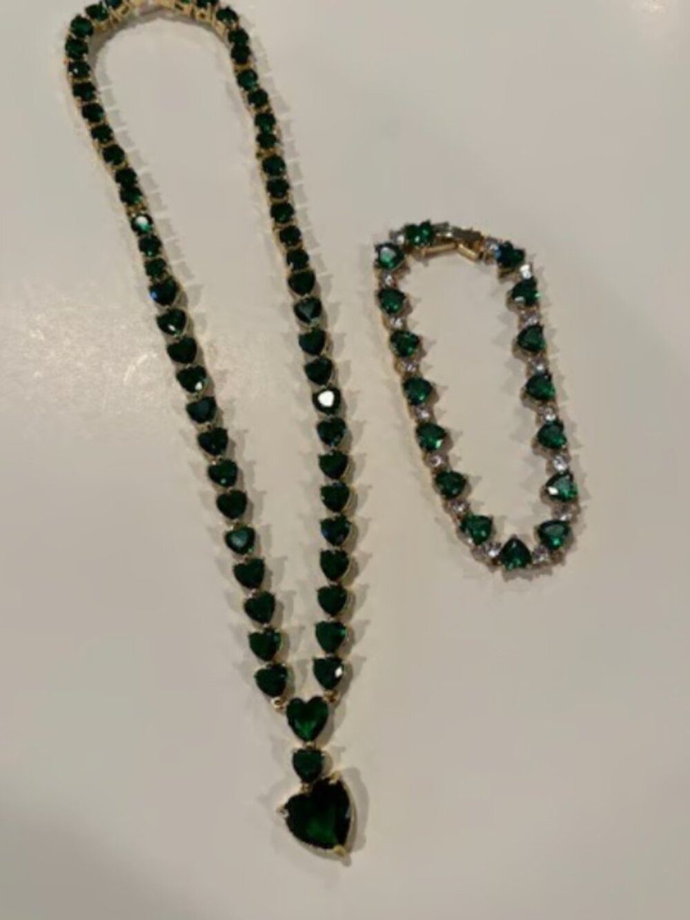 Emerald Green Heart Necklace and Bracelet Set